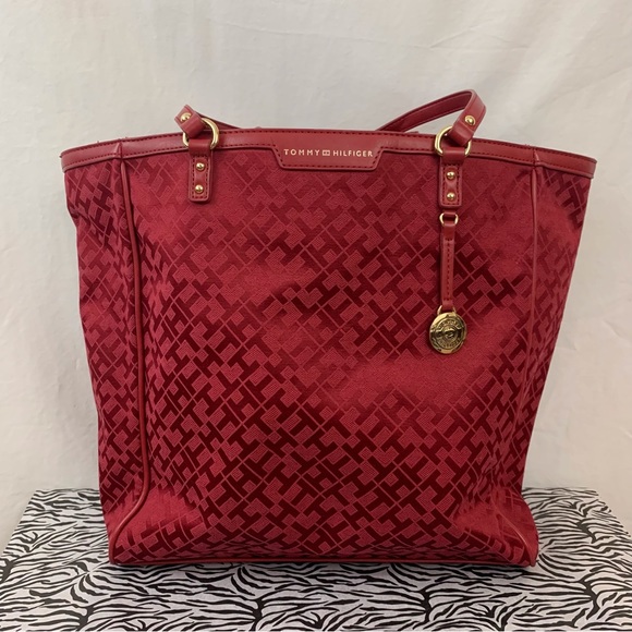 TOMMY HILFIGER Signature Large Red Tote w/Divider Gold Hardware Bag - Picture 1 of 13